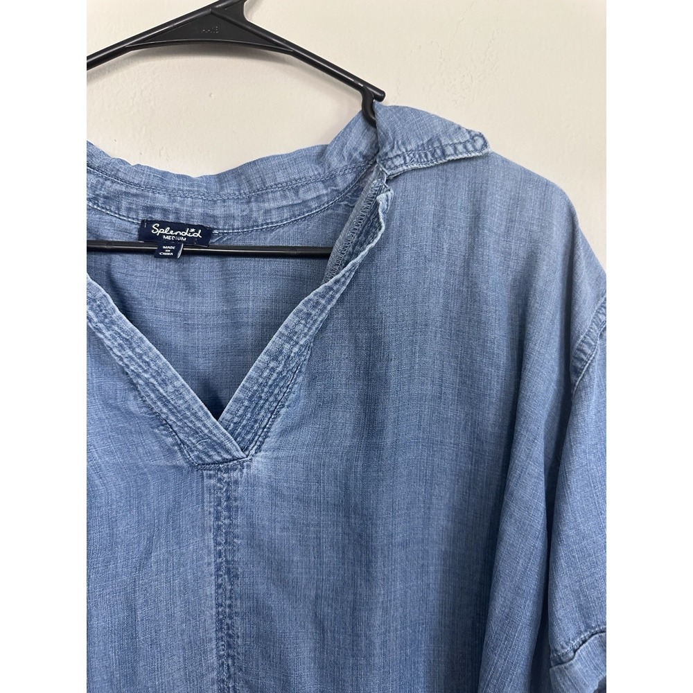 Splendid Denim Chambray Collared Short Sleeve Cropped Blouse Top Size MEDIUM - Picture 6 of 16